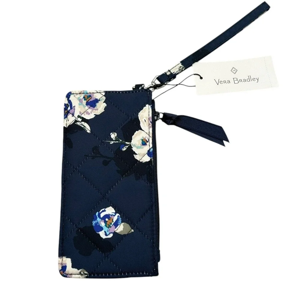 Vera Bradley Quilted Card Case Wristlet Wallet Navy Blue‎ with ID Window